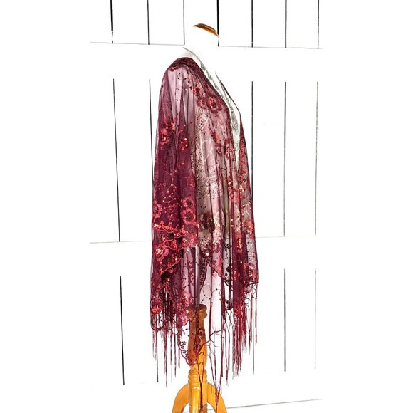 Red sheer net sequin floral kimono cover up fringe  jacket - Picture 3 of 5